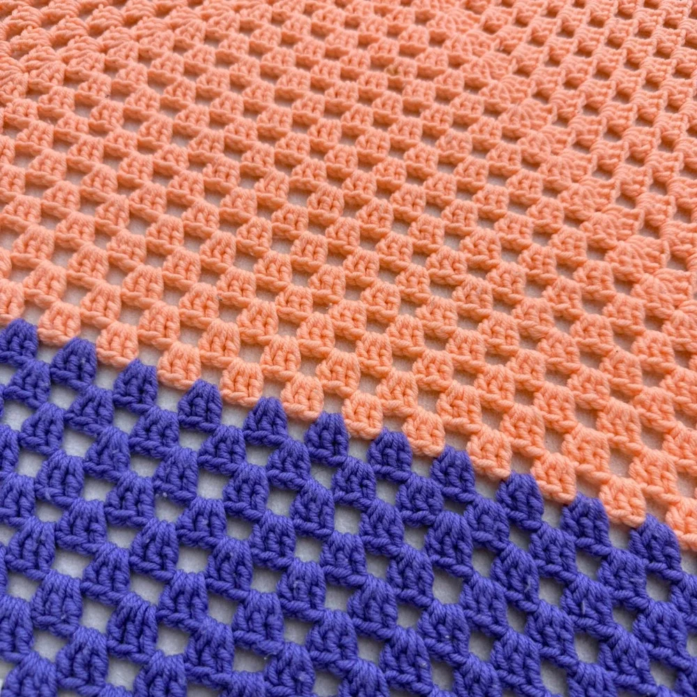 Handmade Crochet Granny Square Blanket Peach Purple Cream Colorblock Throw 45x43